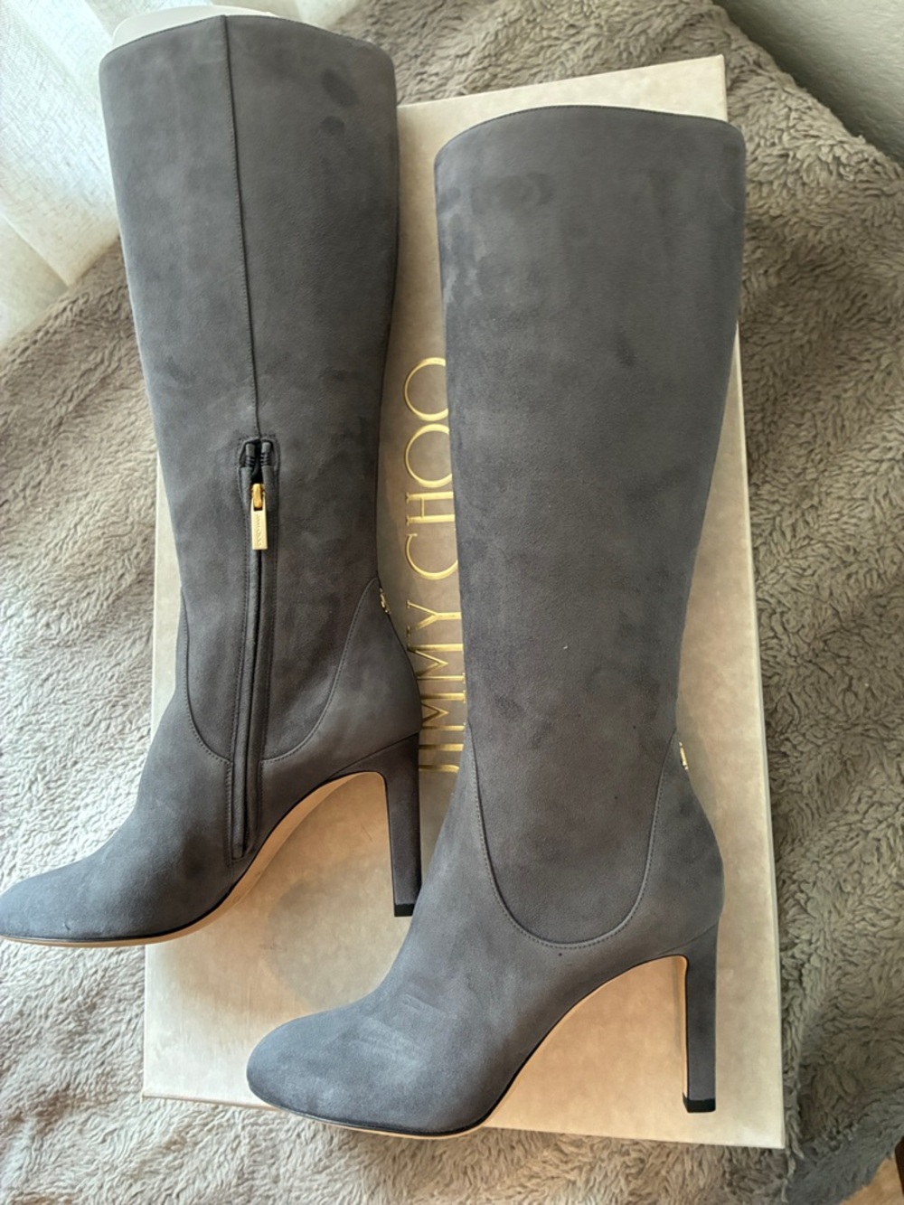 NIB NWT 6.5 Jimmy Choo London Tempe 85 Women's Suede Knee-High Boots Dusk Grey - Picture 5 of 10